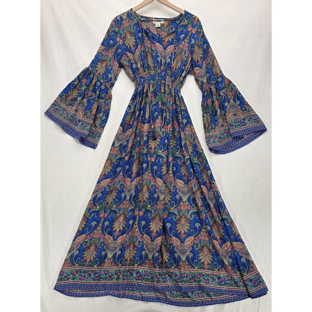 ZURY Silk Blend Bell Sleeve Boho Maxi Dress Paisley OS Free Size Festival Witchy